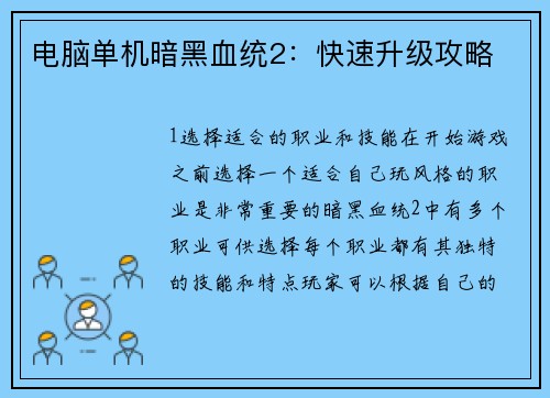 电脑单机暗黑血统2：快速升级攻略